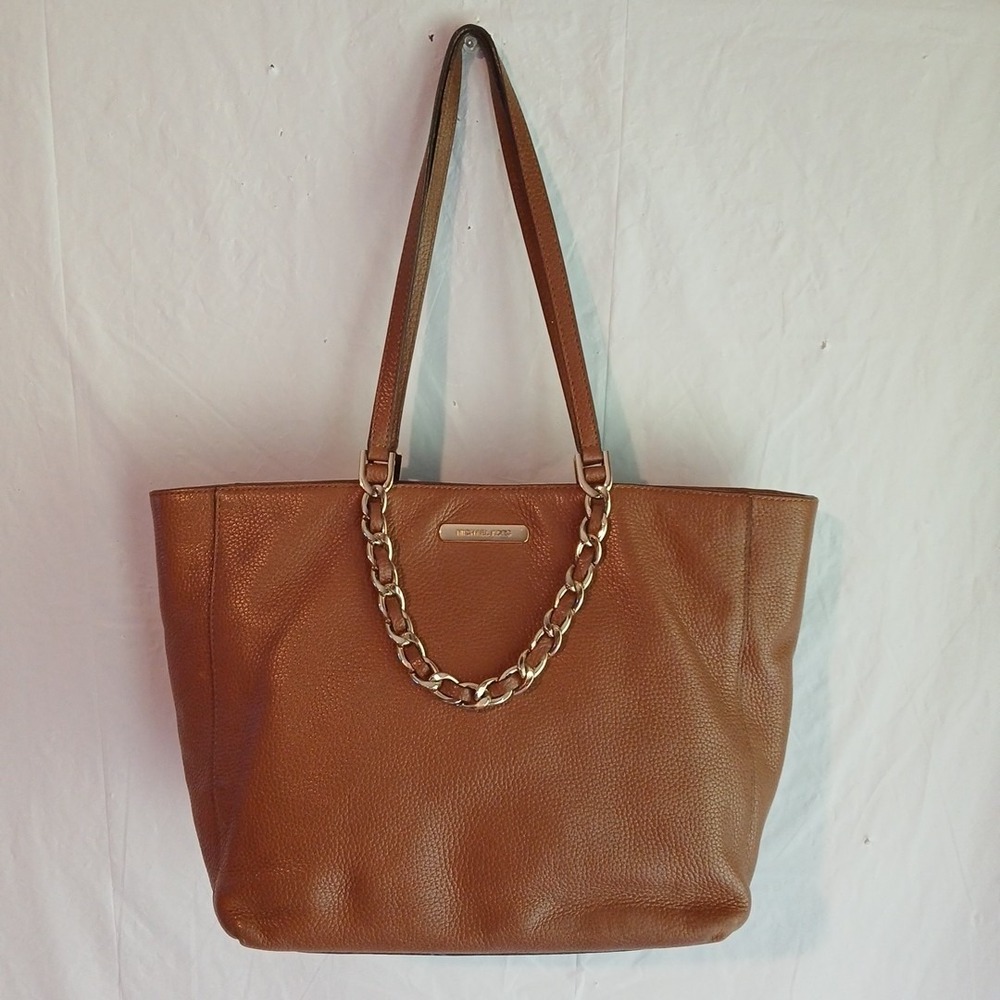 Michael Kors Jet Set Tote Bag Brown Cognac Gold-tone Chain Strap Pebble Leather